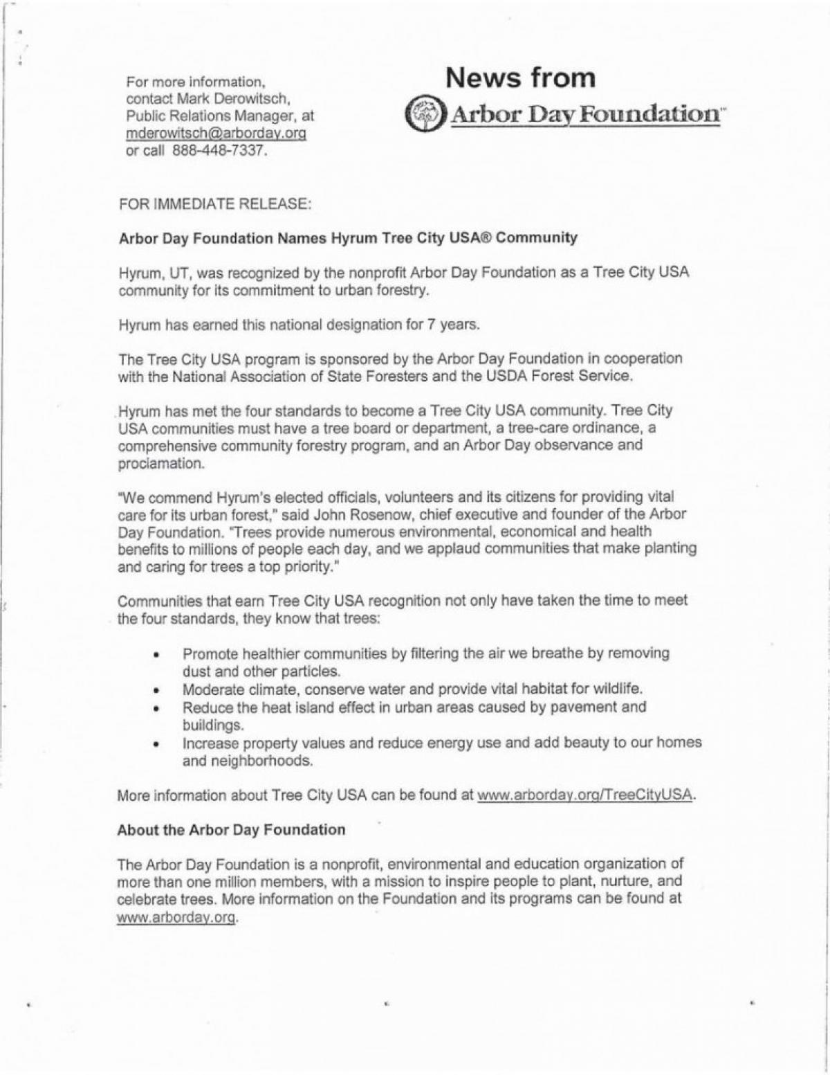 Scan of the Arbor Day Foundation's press release, notifying Hyrum city of their designation as Tree City USA